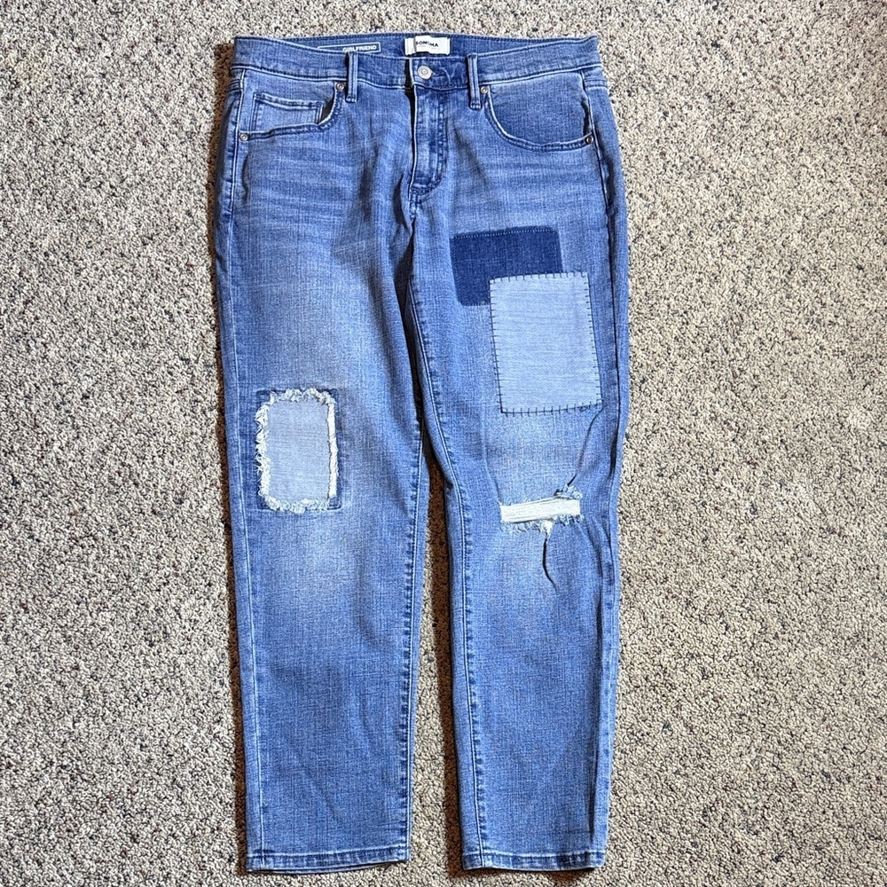 Sonoma Girlfriend Distressed Patchwork Jeans Straight Leg Midrise Sz 8 NWOT